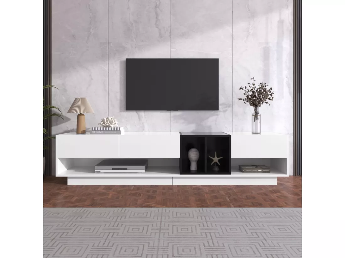 Meuble TV avec 3 tiroirs et 4 niche - Blanc et Noir - Panneaux de particules - 190x34x40cm
