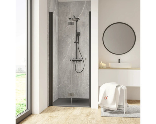 Douchedeur in nis met draai-vouwdeur SCHULTE Garant 2.0 ExpressPlus profiel 90 cm, zwart, helder glas, vuilafstotende glascoating, deur linksdraaiend, buffergreep