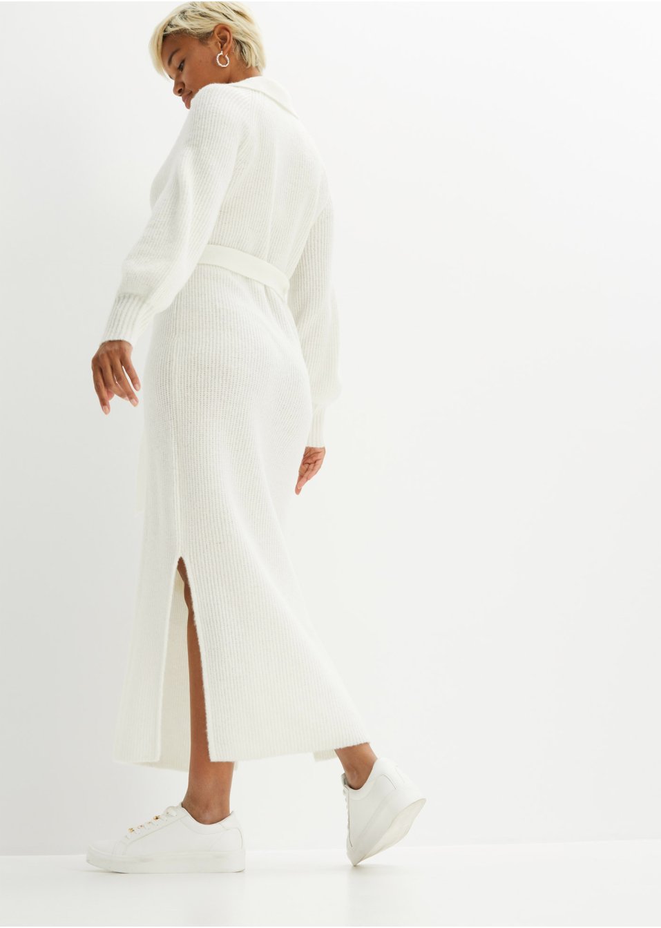 Robe en maille col en V et ceinture (Ens. 2 pces.)