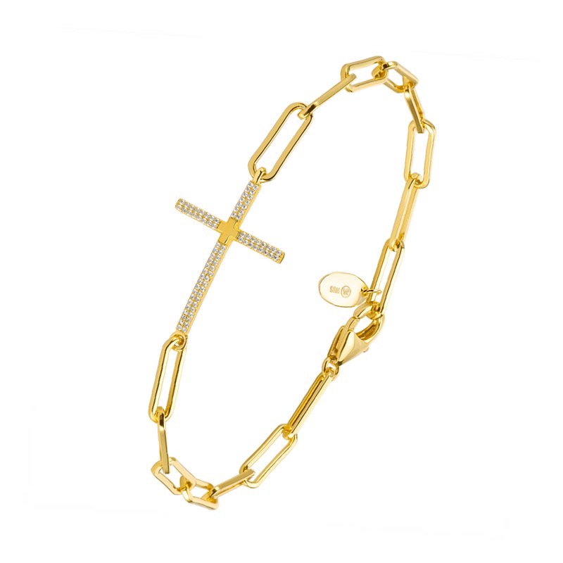 Bracelet Chaine Argent Croix Doré Serti De Pierre Blanche
