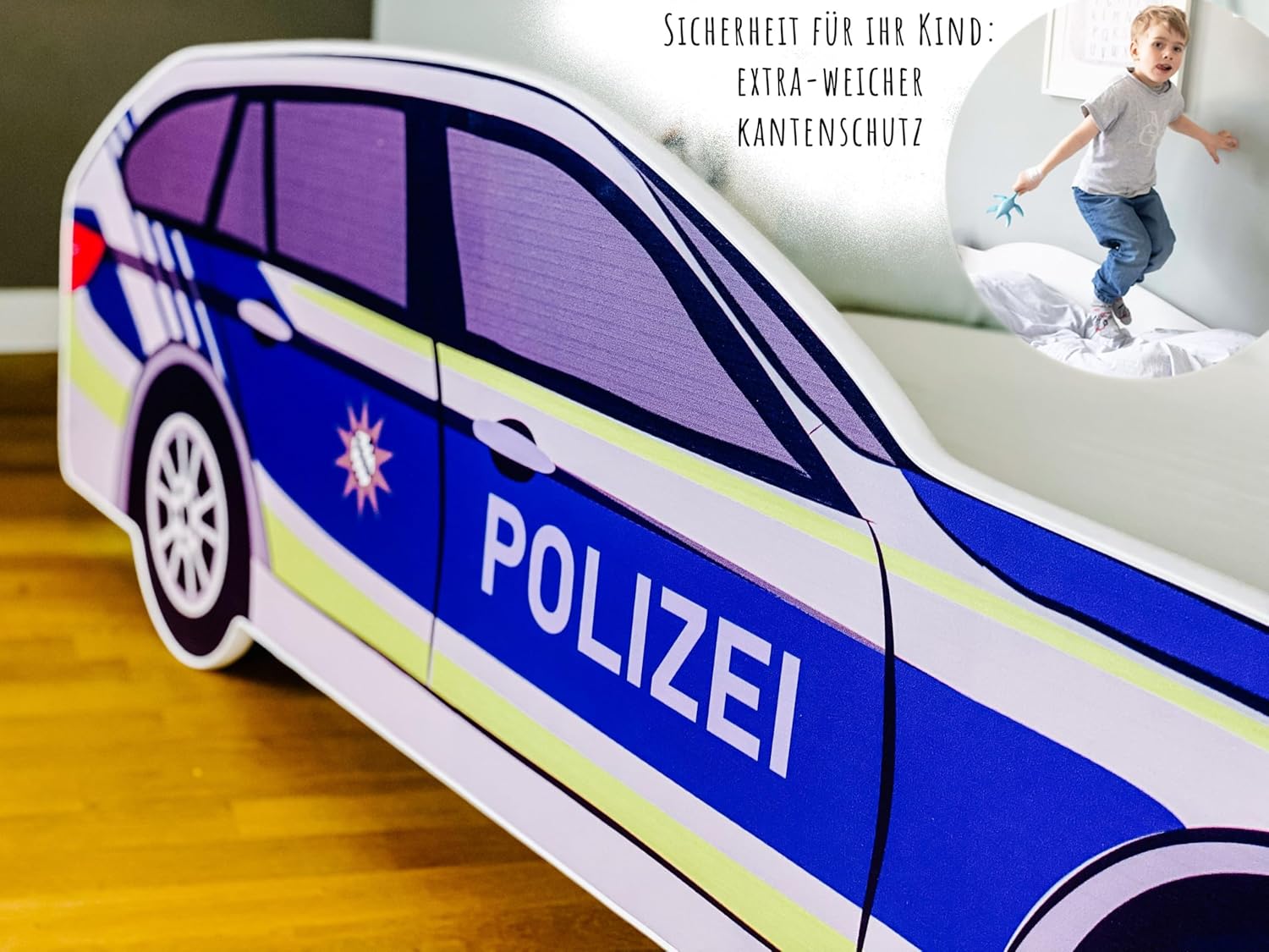 Kids Collective Autobett Kinderbett Jugendbett 70x140 | 80x160 mit Rausfallschutz Matratze optional | Polizei Polizeiauto Polizist Kinder Spielbett