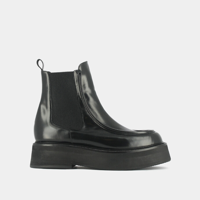 Boots à plateformes, bouts carrés et élastiques  en cuir glacé noir