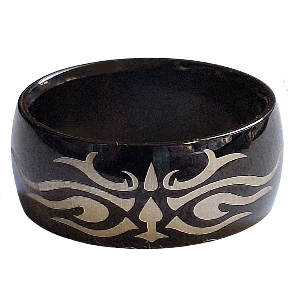 Bague anneau taille 66 tribal noir en acier ruthénium inoxydable
