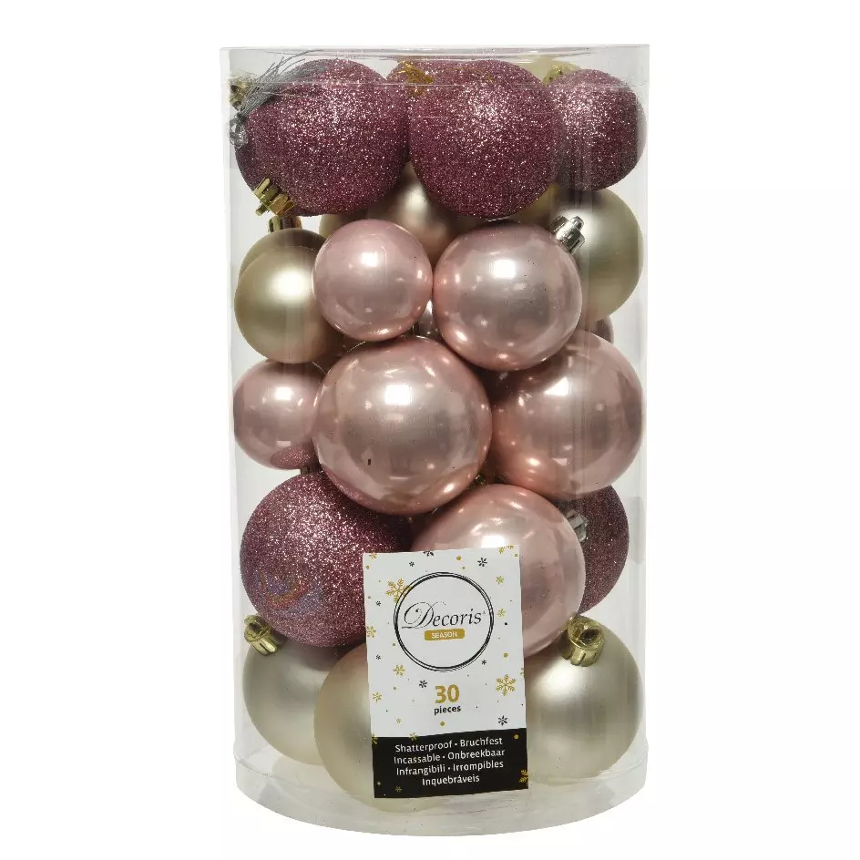 Lot de 30 boules de Noël Alpine mix couleurs Vieux rose / Rose poudré