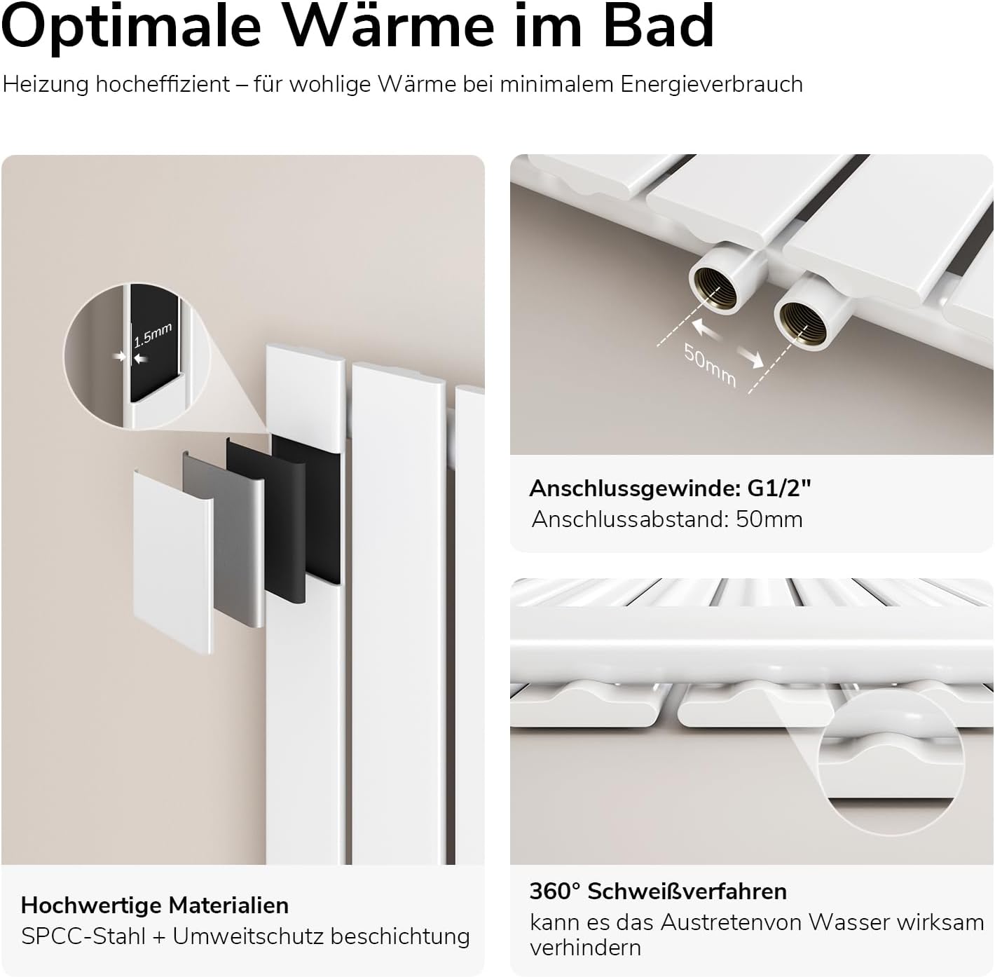 EMKE Design Heizkörper Schmal Hoch 1800x304 mm Vertikal Flachheizkörper mit Mittelanschluss, Einlagig Paneelheizkörper Wandheizkörper für Bad, Schlafzimmer & Wohnzimmer, Weiß 559W