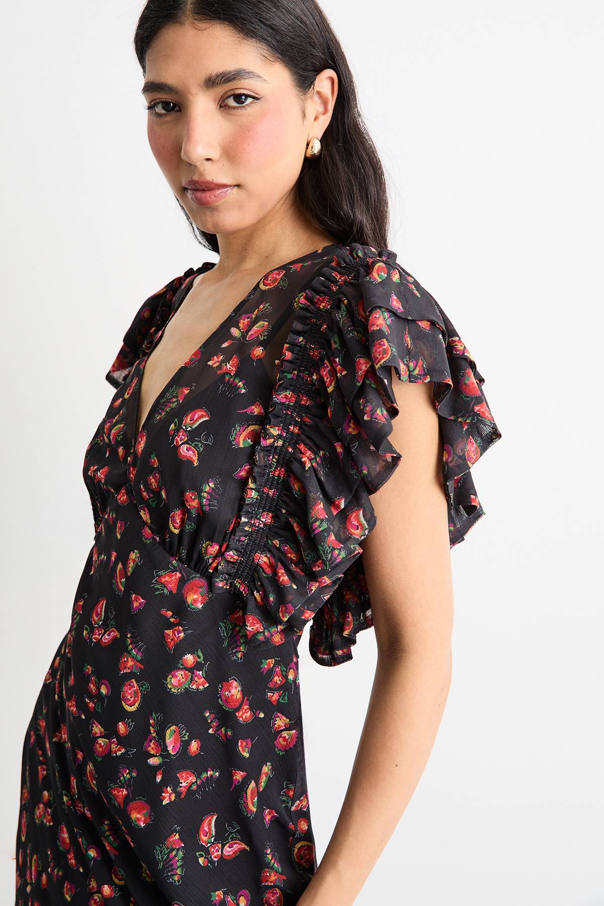 Warehouse Robe Maxi À Col En V Avec Manches À Volants Et Imprimé Floral