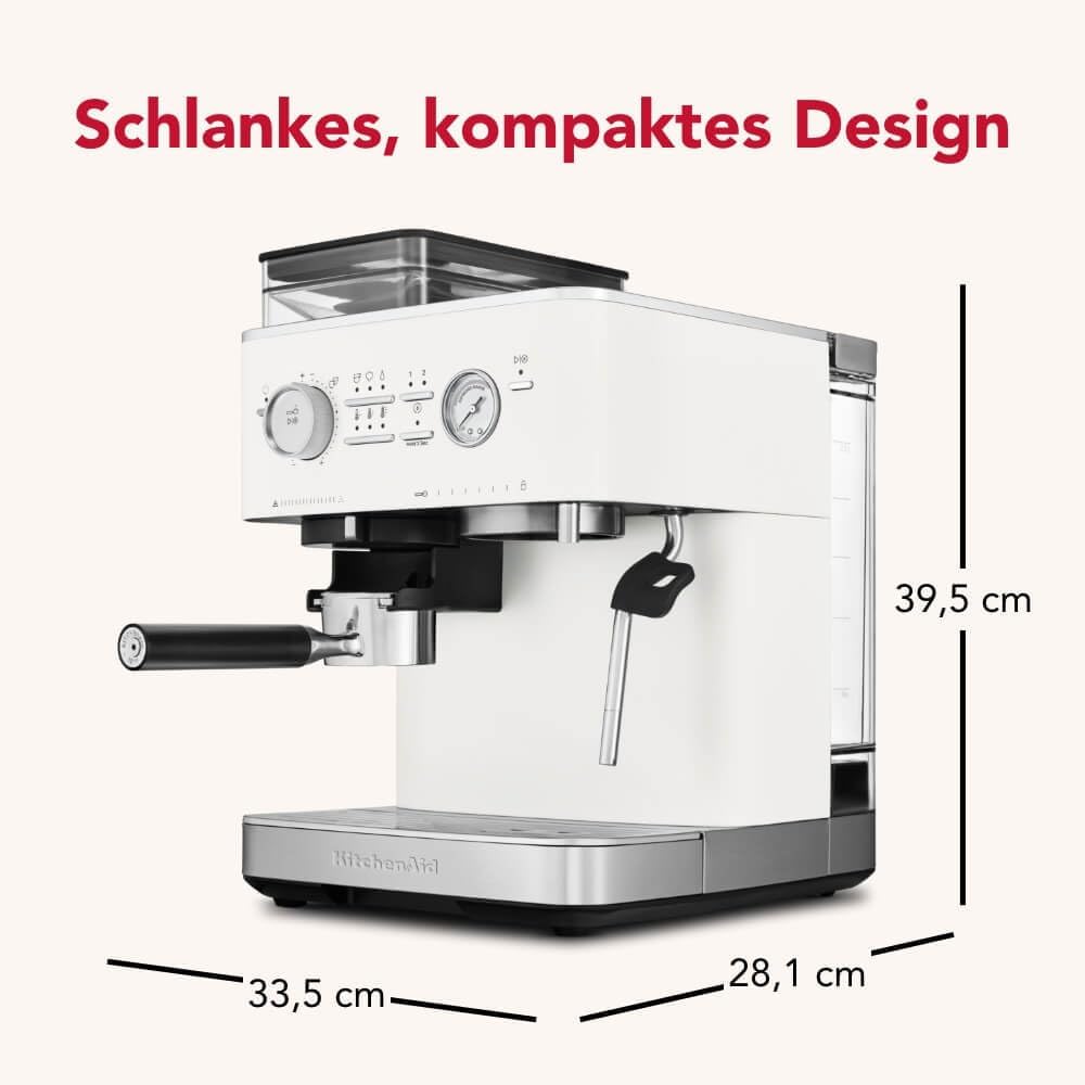 KitchenAid kaffeemaschine mit mahlwerk I Halbautomatische Espressomaschine I Heißgetränke von Espresso bis Cappuccino I Milchschäumerfür, Milchkännchen, Bohnenbehälter (Weiss)