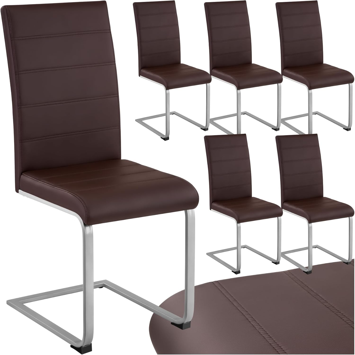 tectake Freischwinger Schwingstuhl, Stuhl 6er Set, Moderne Esszimmerstühle oder Küchenstühle mit strapazierfähigem Kunstleder Bezug - braun