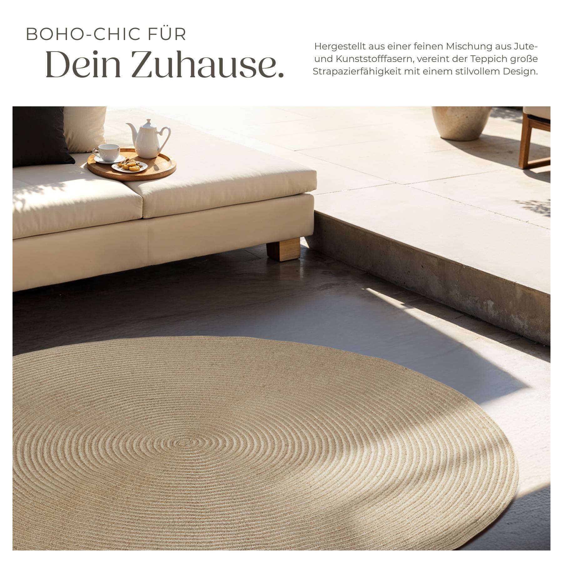 Geflochtener Teppich Vibe aus Jute- und Kunststofffasern