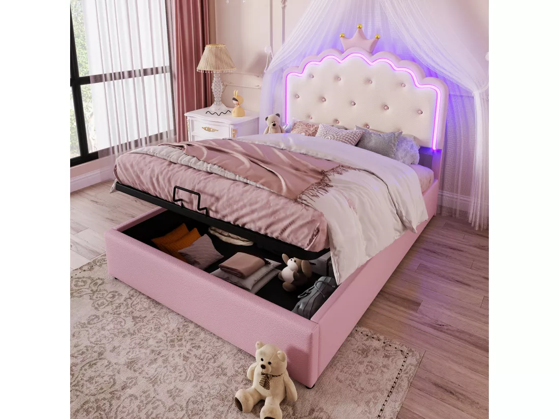 Lit coffre rembourré 140x200 cm en similicuir - avec LED et sommier à lattes - Rose