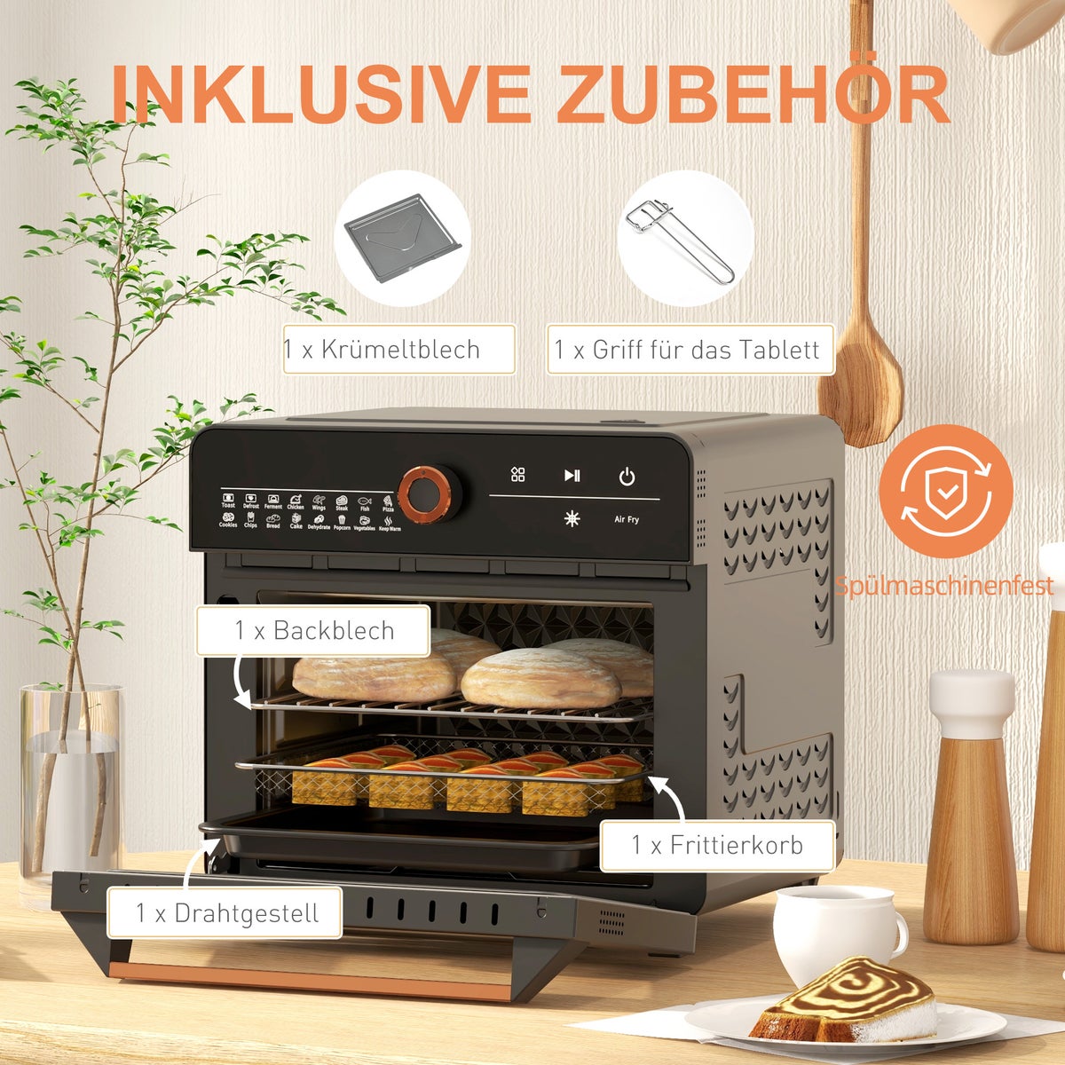 HOMCOM Mini-oven met hetelucht, 20L, 3-in-1 met grillrooster, 40°C-220°C, met frituurmand, timer, binnenverlichting, 1400W, 36L x 37B x 34,5H cm, roestvrij staal, zwart