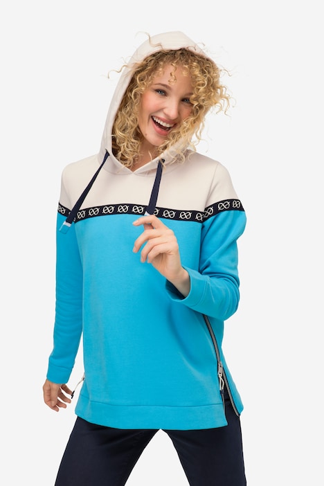 Hoodie, zweifarbig, Print-Tape, Kapuze, Langarm, Seitenzipper