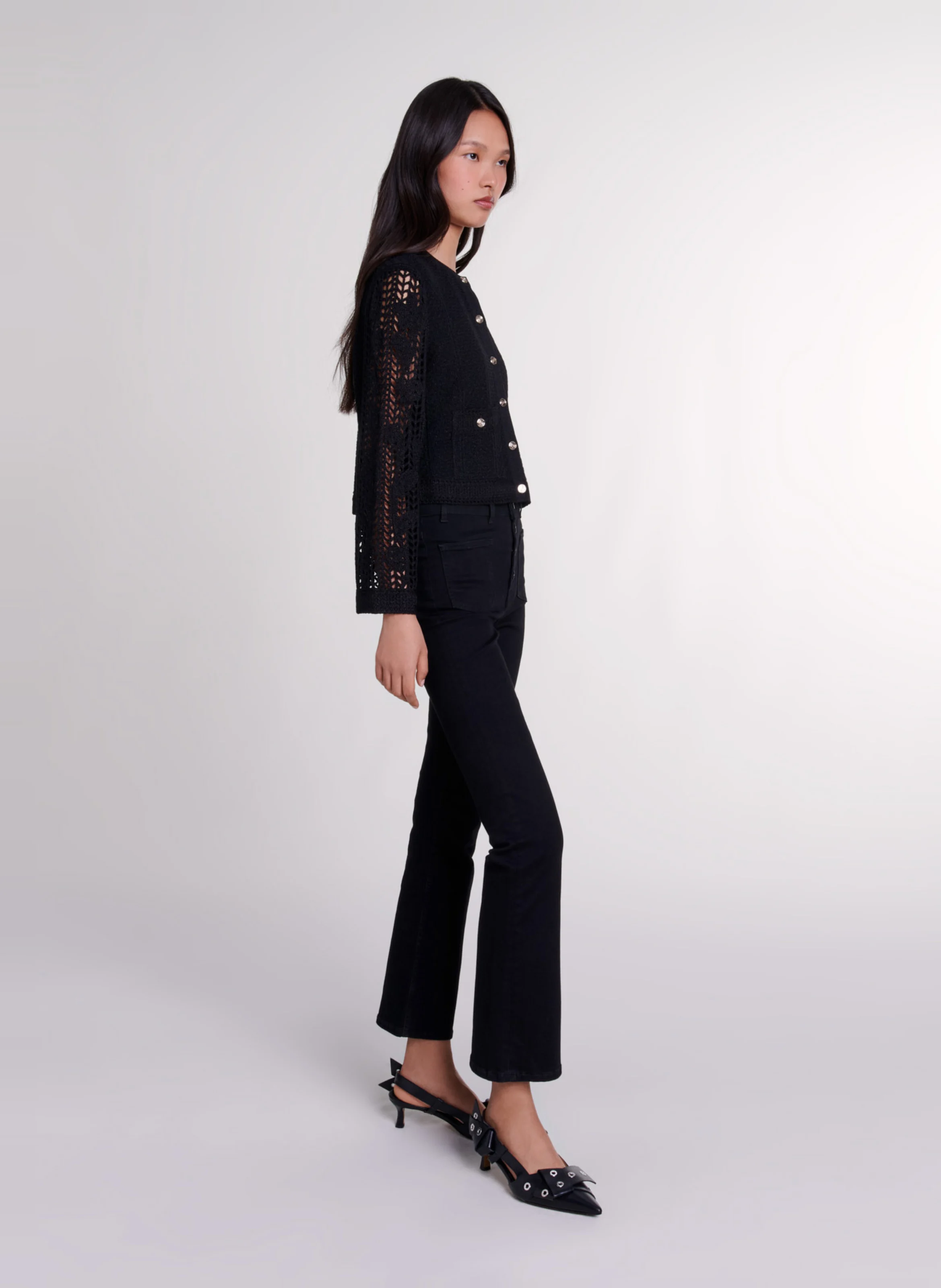 Cardigan droit col rond en crochet | Noir
