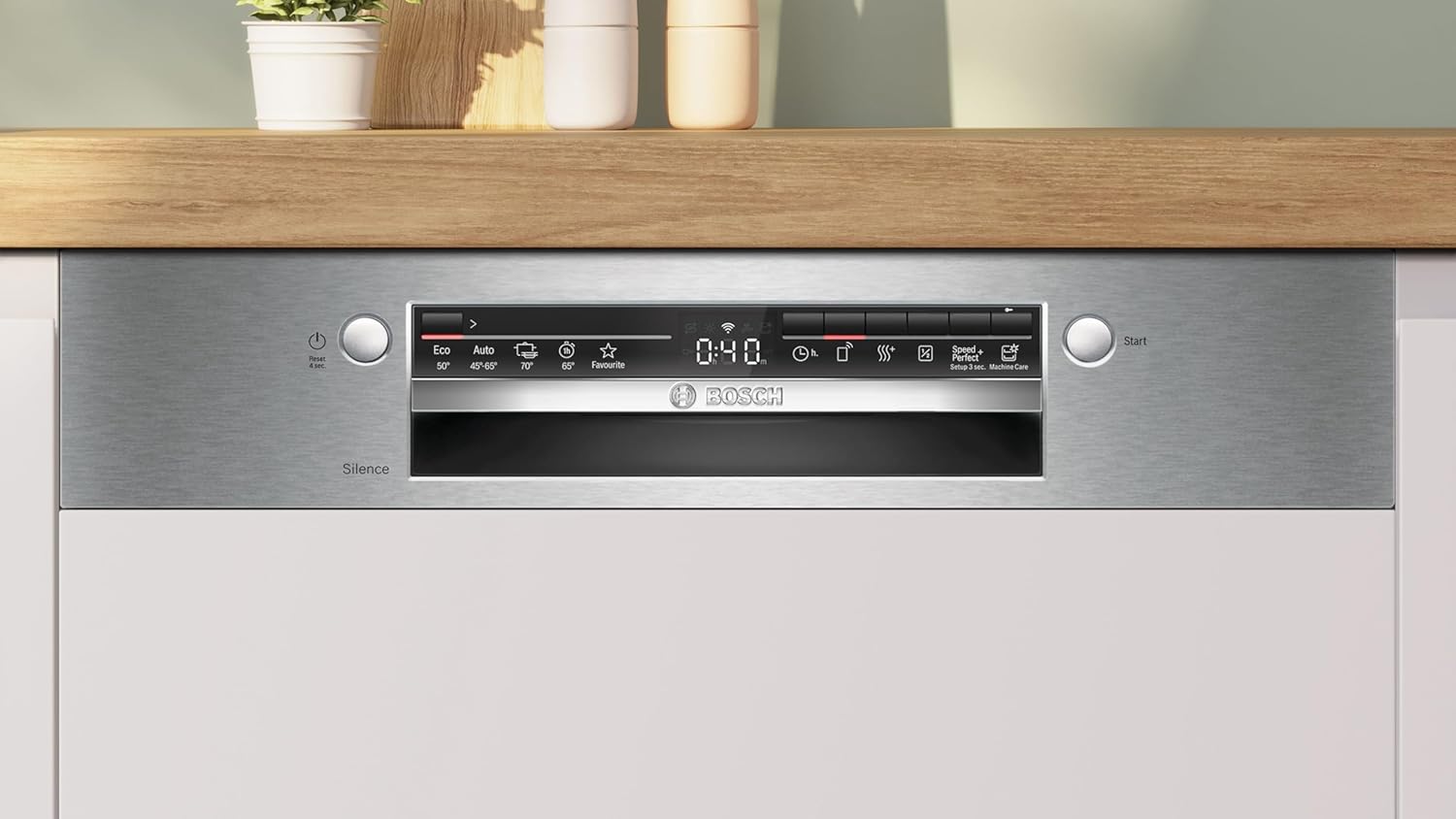 Bosch SMI2HTS08E Serie 2 Teilintegrierter Geschirrspüler, 60 cm, Smart Start, AquaStop, Silence on demand, Ferndiagnose, Extra Trocknen, Favoritenprogramm, Programmassistent, Gebürsteter Stahl