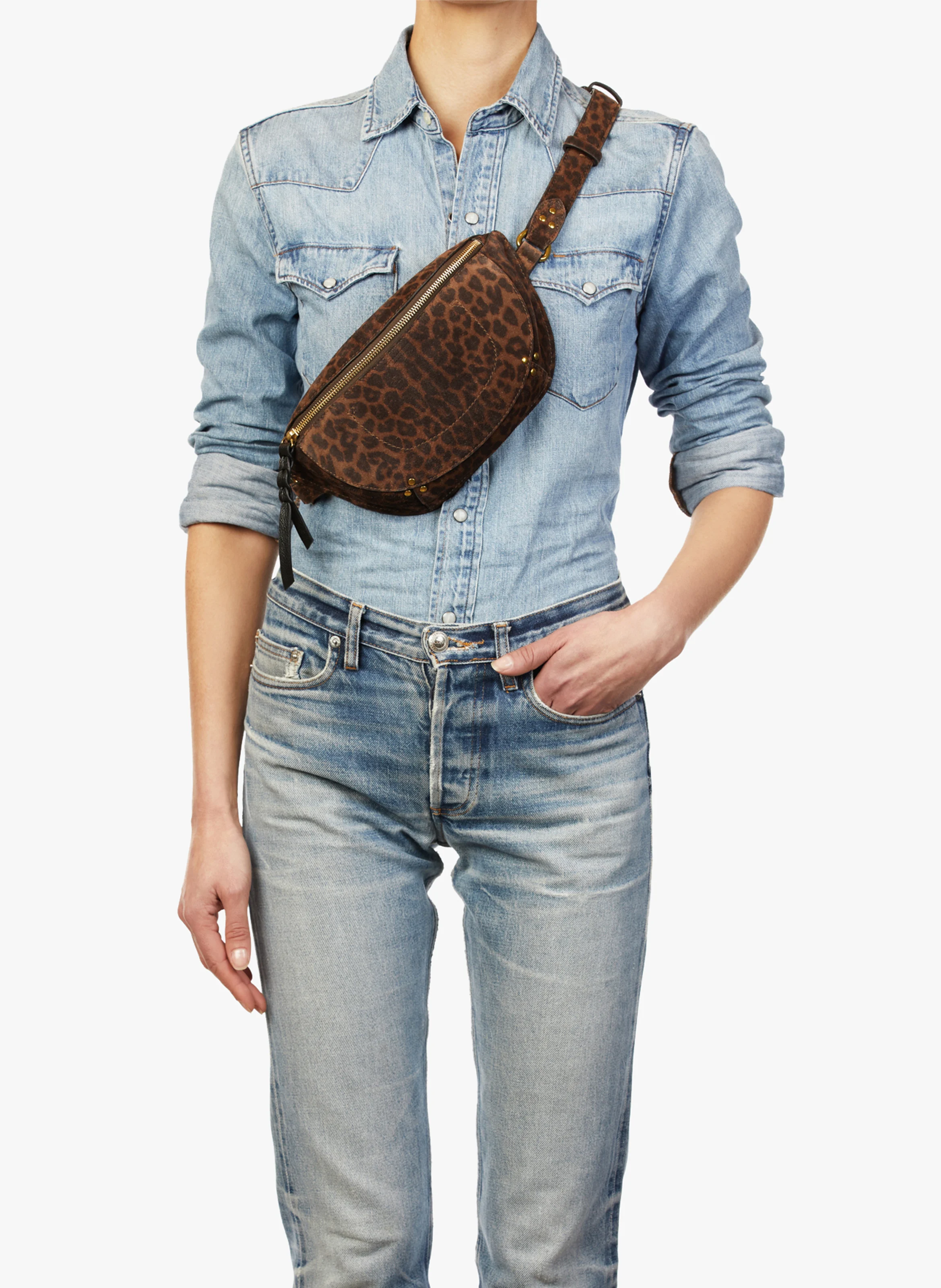LINO - Sac banane imprimé en cuir velours| Marron