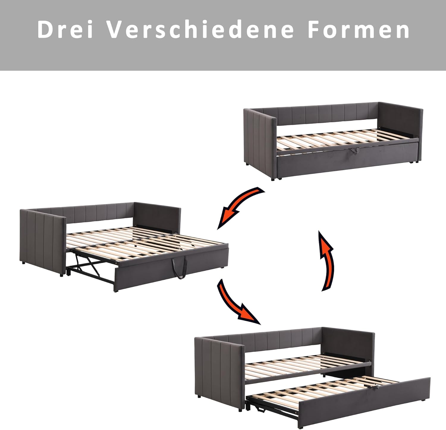 Polsterbett Ausziehbares Schlafsofa 90/180x200 cm mit Lattenrosten, Multifunktionsbett aus hautfreundlichem Samtstoff (Dunkelgrau)