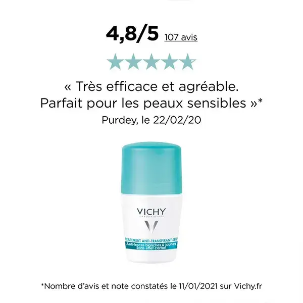 Desodorante antitranspirante Vichy, antimanchas brancas e amarelas, roll-on 48h, pacote com 2 unidades de 50ml