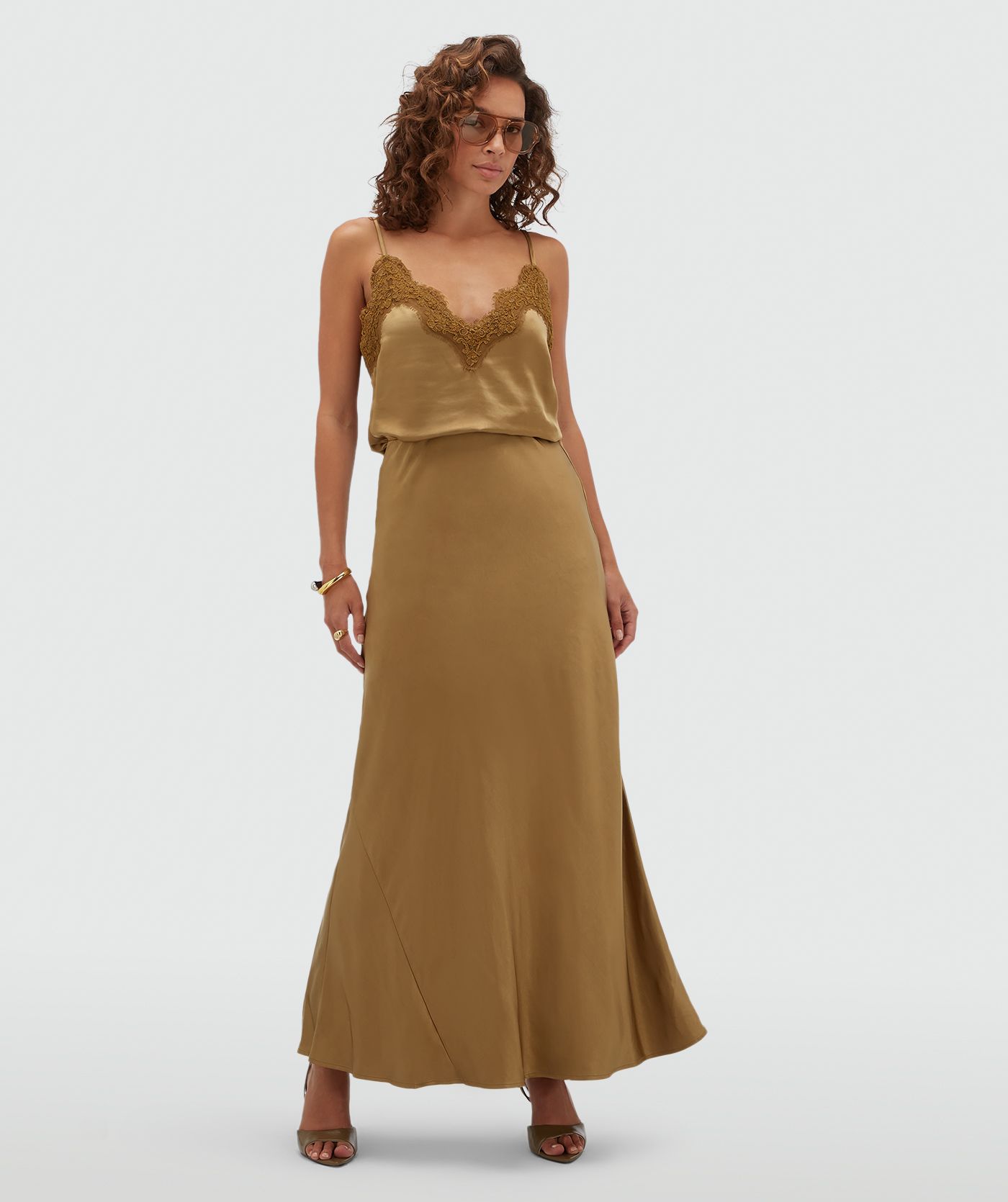 JV-COSETTE high waisted maxi rok in satijn look - khaki