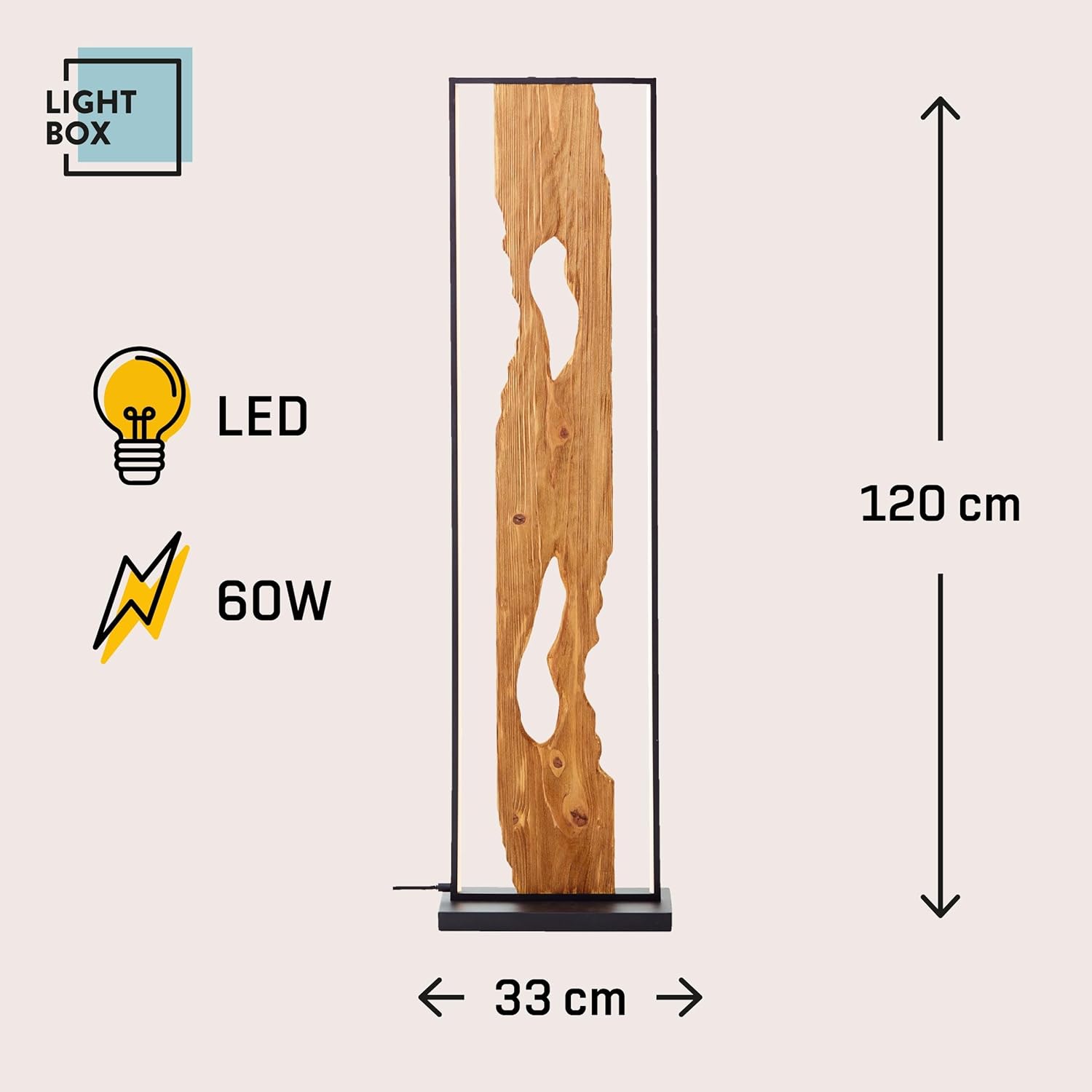 Lightbox LED Stehlampe | 120 cm | Holz Standleuchte mit Fuß-Druck-Schalter & LED Profilband | Wohnzimmer Deko Lampe | aus Aluminium/Metall/Kiefernholz in Schwarz | Contemporary/Industrial Style