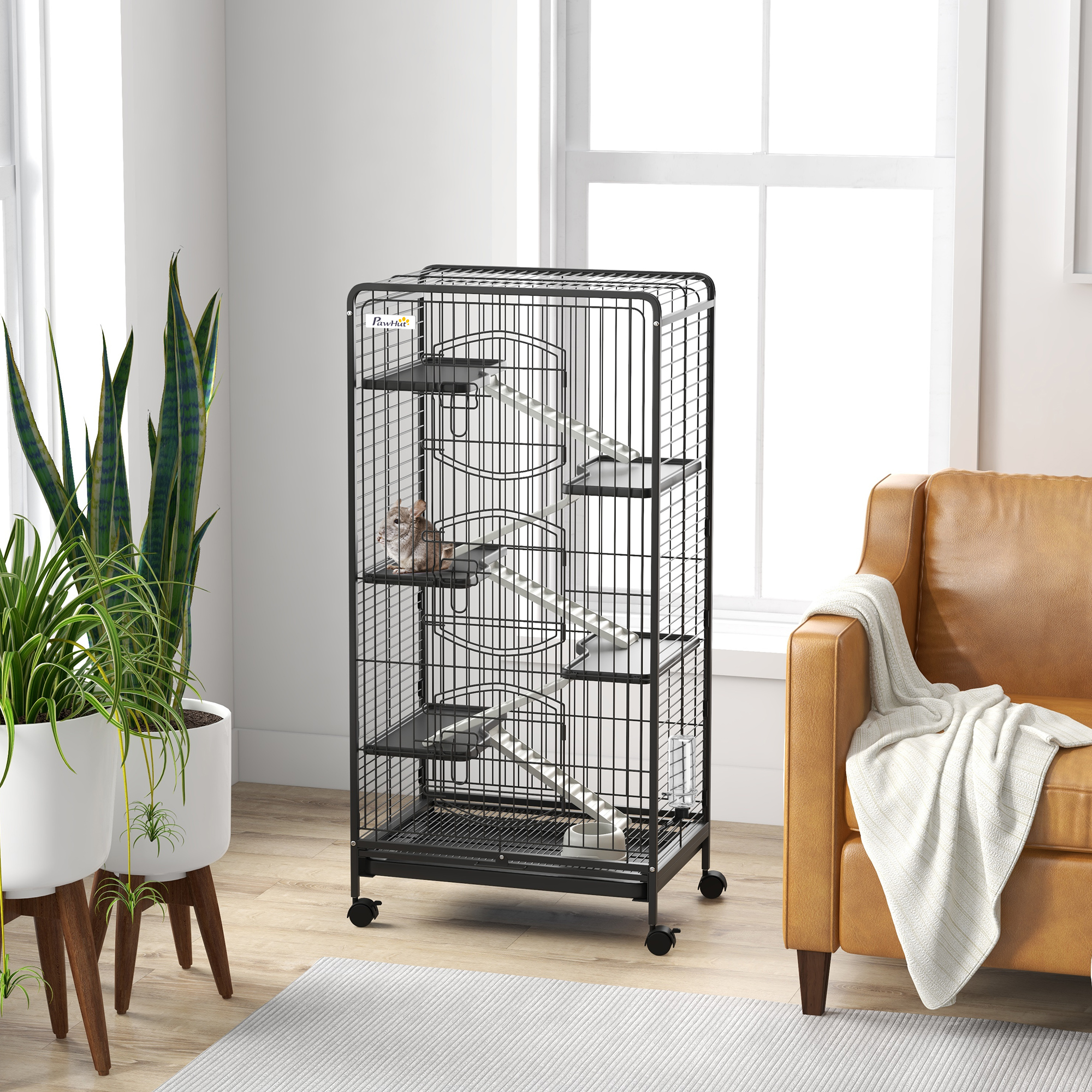 Gaiola PawHut de 6 Níveis para Pequenos Animais, com Rodas, Rampa, Bebedouro, Bandeja Removível, Ideal para Coelhos, Chinchilas e Furões, 64x43,5x131 cm, Preta