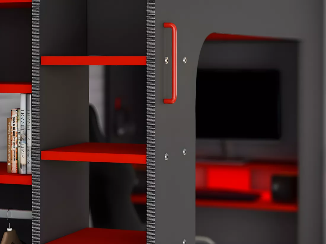 Lit mezzanine gamer 90 x 200 cm - Avec bureau et rangements - Avec LEDs - Anthracite et rouge + matelas - WARRIOR