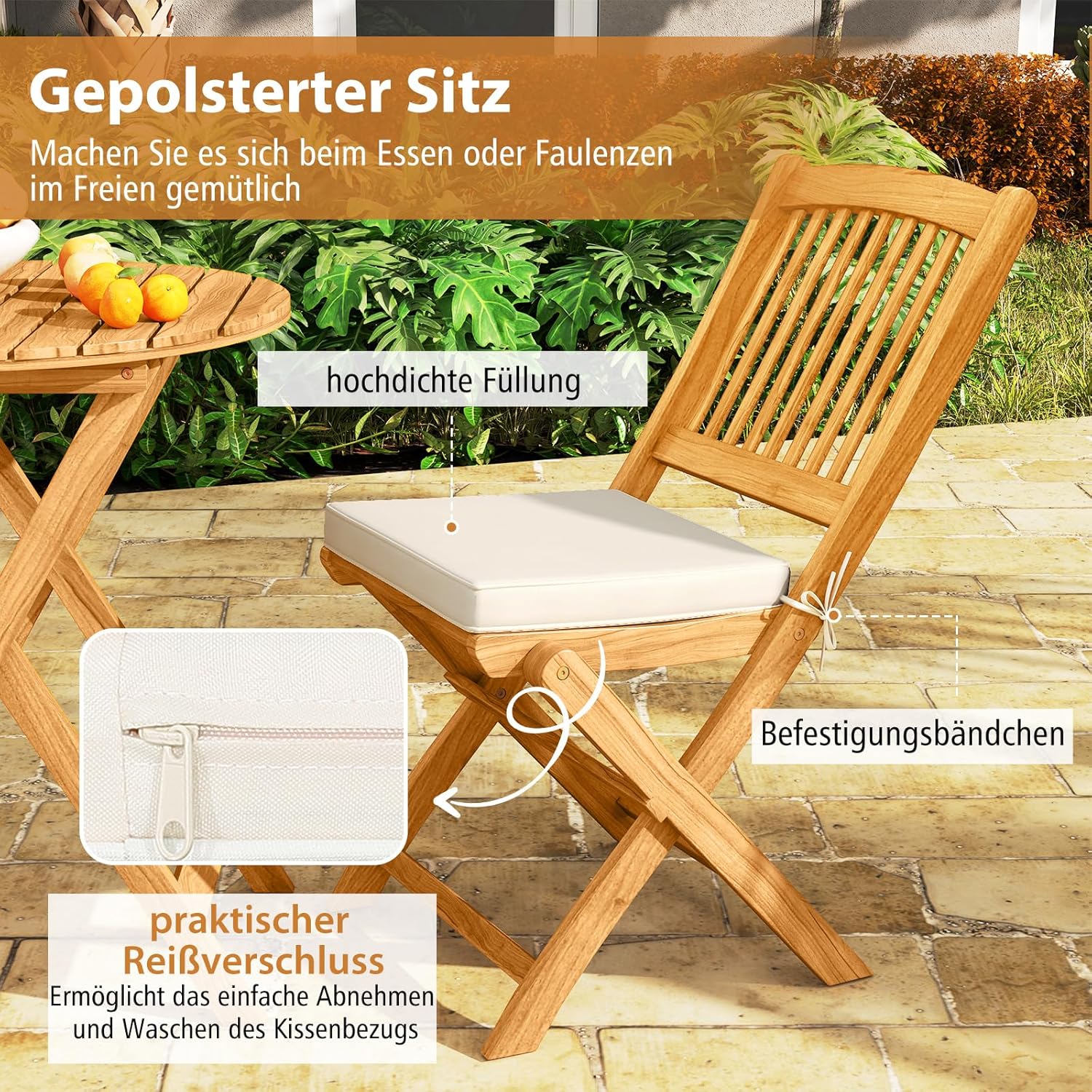 COSTWAY 3tlg. Balkonmöbel Set, Bistrotisch mit 2 Stühlen, klappbares Balkonset aus Akazienholz mit 2 Kissen, Bistroset, Gartengarnitur, Gartenmöbel, Sitzgarnitur, Sitzgruppe für Garten, Balkon (Beige)