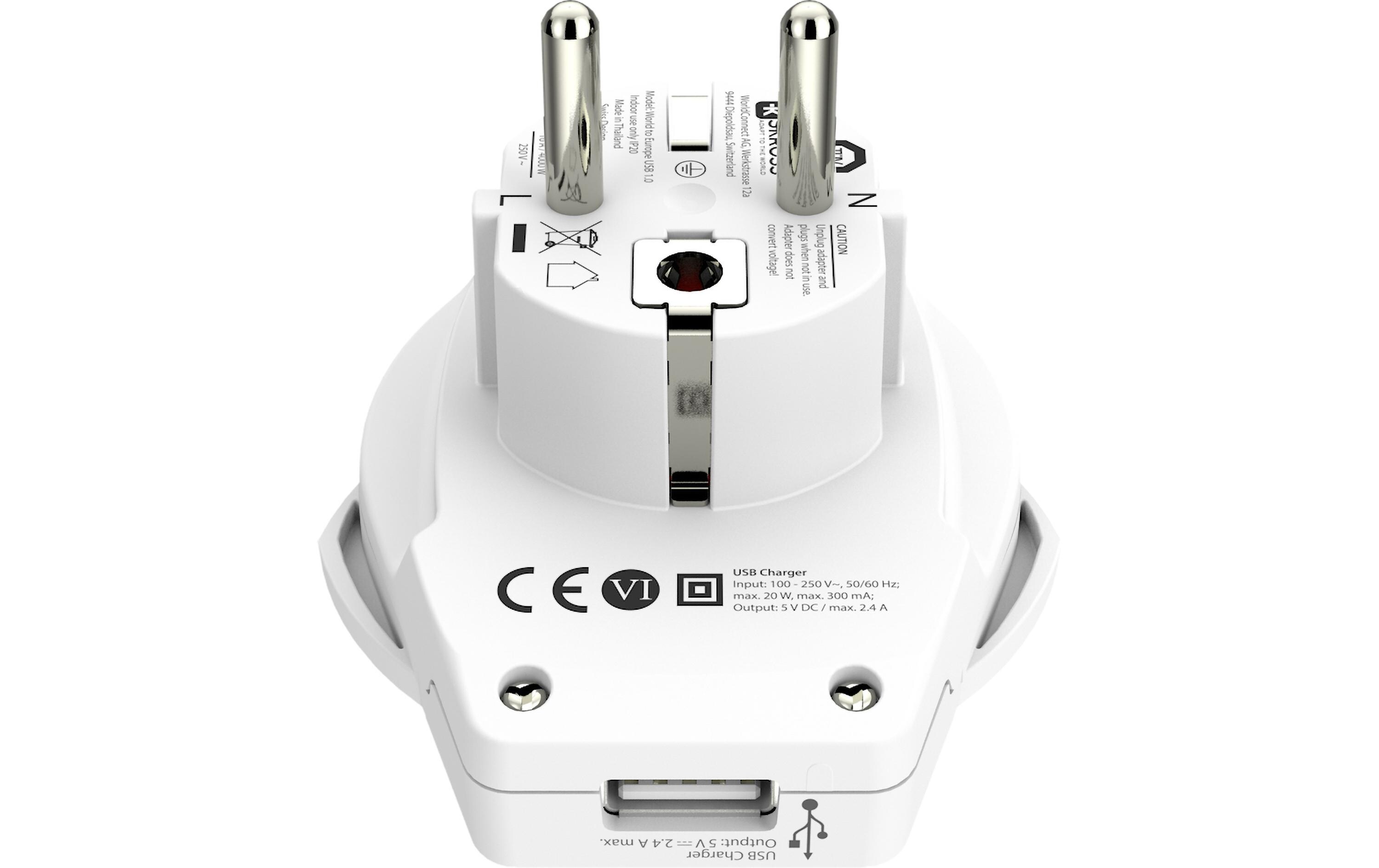 Reiseadapter World – EU mit USB LadegerätKompakter Reisestecker World zu Europa mit USB Ladeanschluss