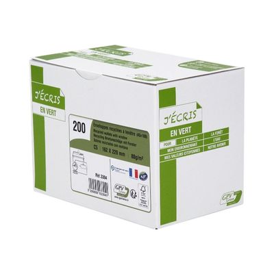 GPV Green - 200 Enveloppes recyclées C5 162 x 229 mm - 80 gr - fenêtre 45x100 mm - blanc - bande adhésive ouverture rapide