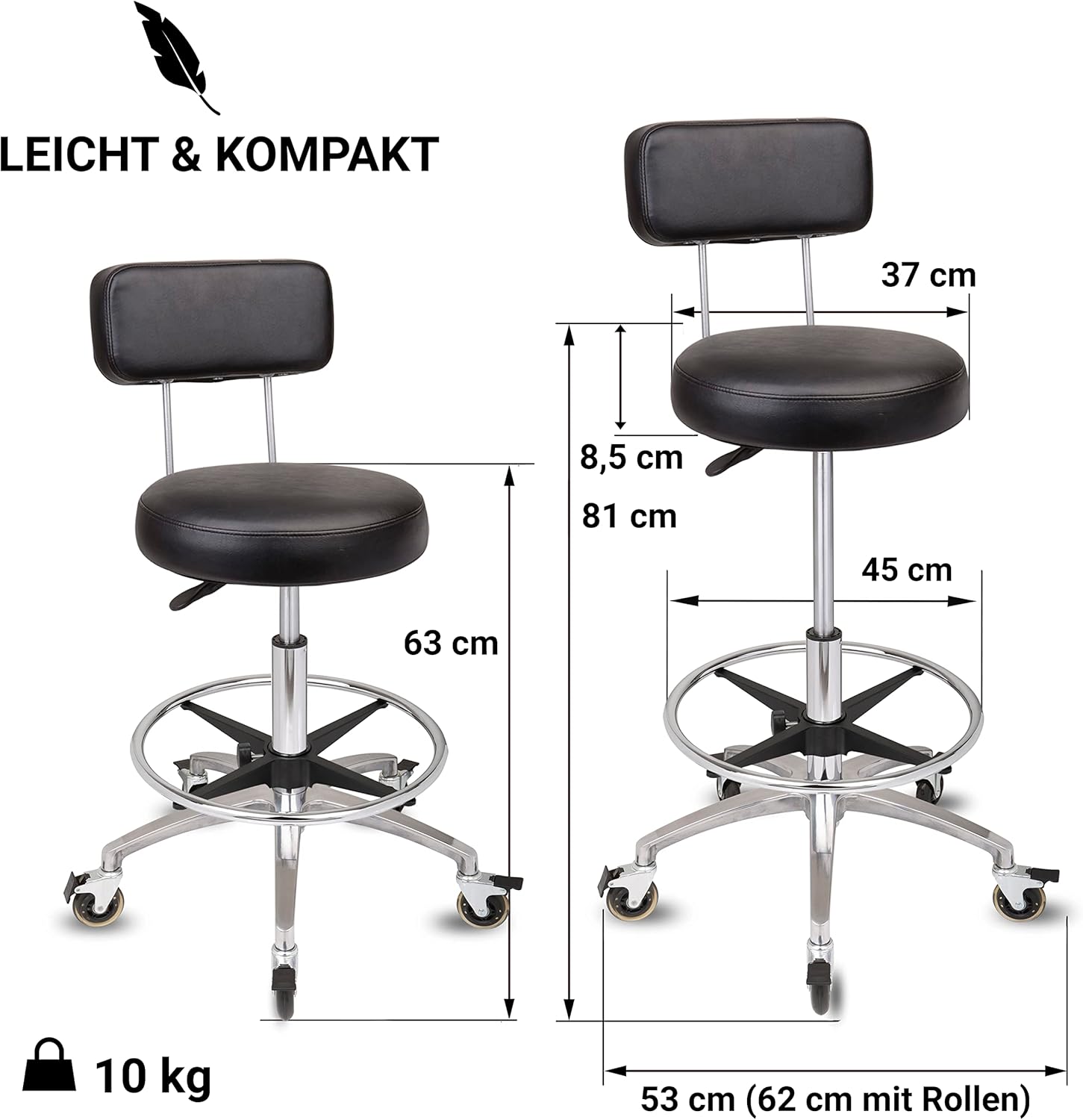 Rollhocker bis 160 kg - Premium Rundsitz mit Lehne und Fußstütze - Praxishocker (Premium Rollen mit Bremse) Drehhocker höhenverstellbar (55 cm bis 75 cm) Rundsitz