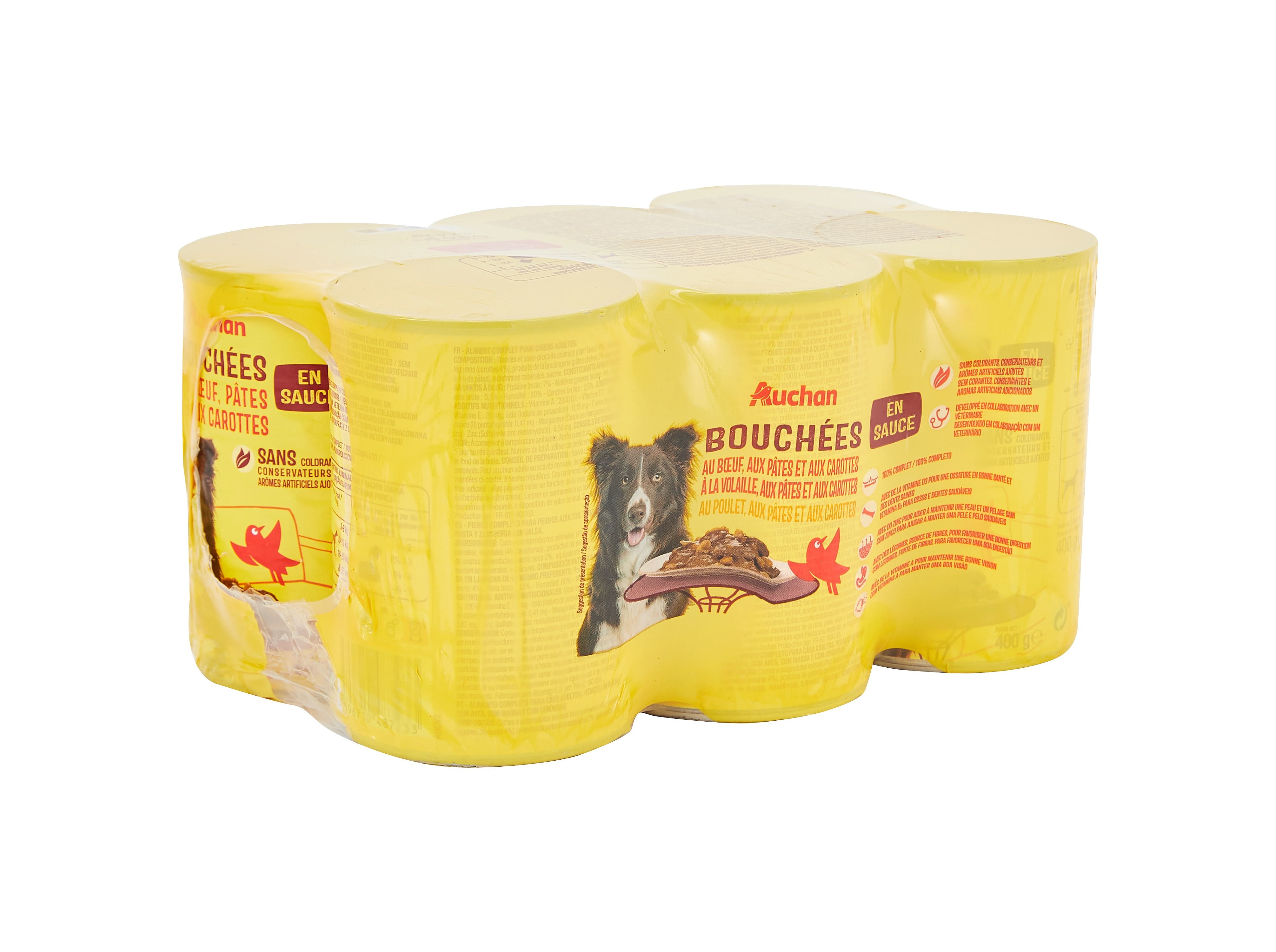 COMIDA HÚMIDA PARA CÃO AUCHAN PEDAÇOS MOLHO CARNES 6X400G