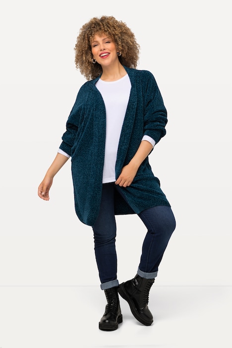 Chenille-Strickjacke, Oversized, V-Ausschnitt, offene Form