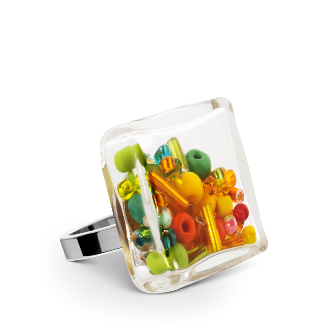 Bague en verre soufflé - Carré Medium Mix Perles