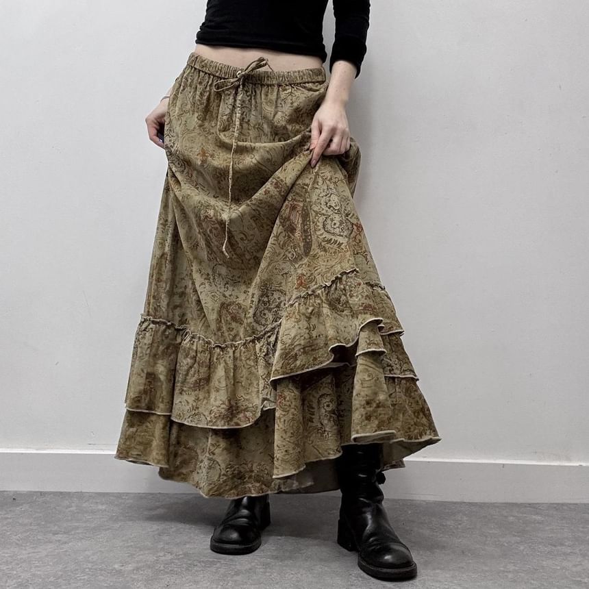 Puffie - Ronde hals, bloemenprint, volantrand, strikceintuur, open rug, camisole top / lage taille, geplooide zoom, maxi-A-lijn rok