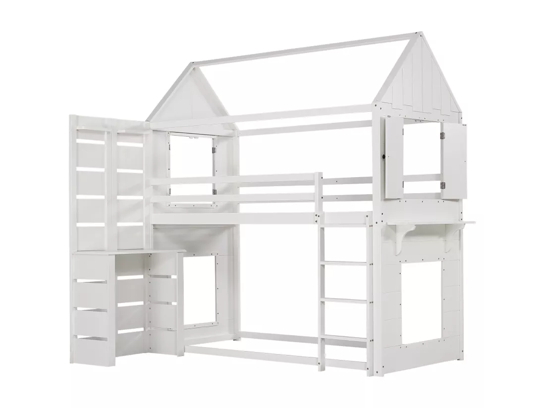 Lit mezzanine 90x200 cm en bois massif - avec bureau et échelle - Blanc