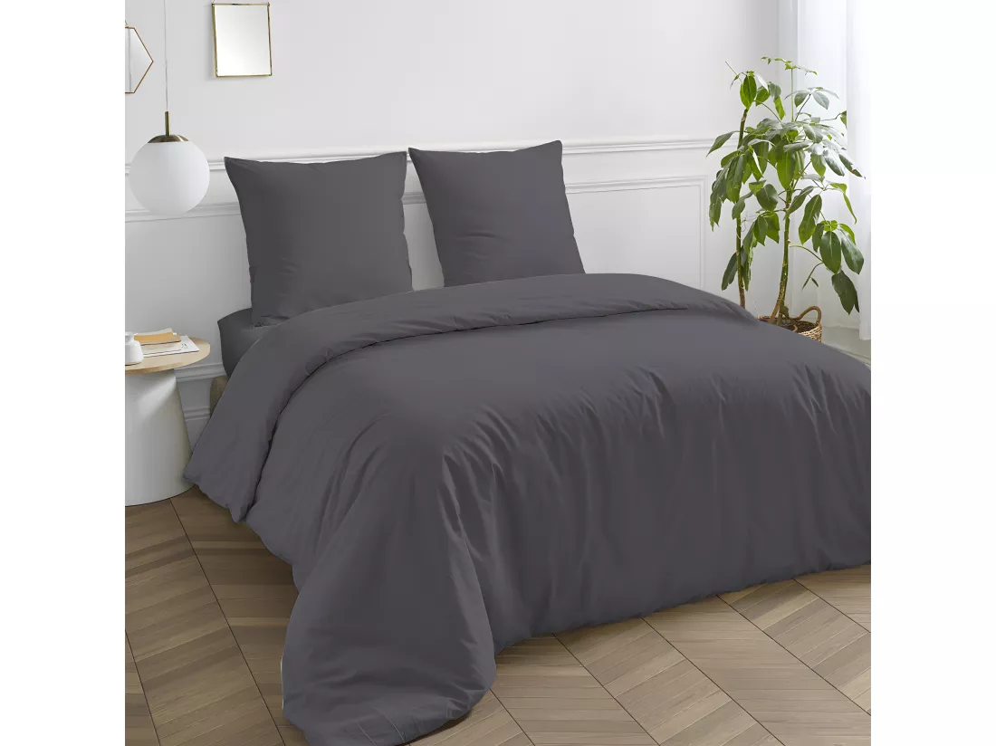 Housse de couette en coton 57 fils unie zinc 200x200cm