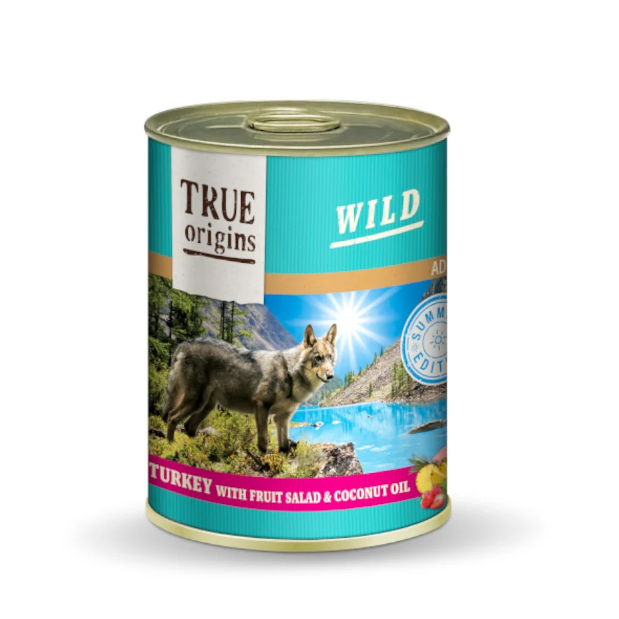 Lata de 400g de peru selvagem de verão True Origins com salada de frutas e óleo de coco para cães.