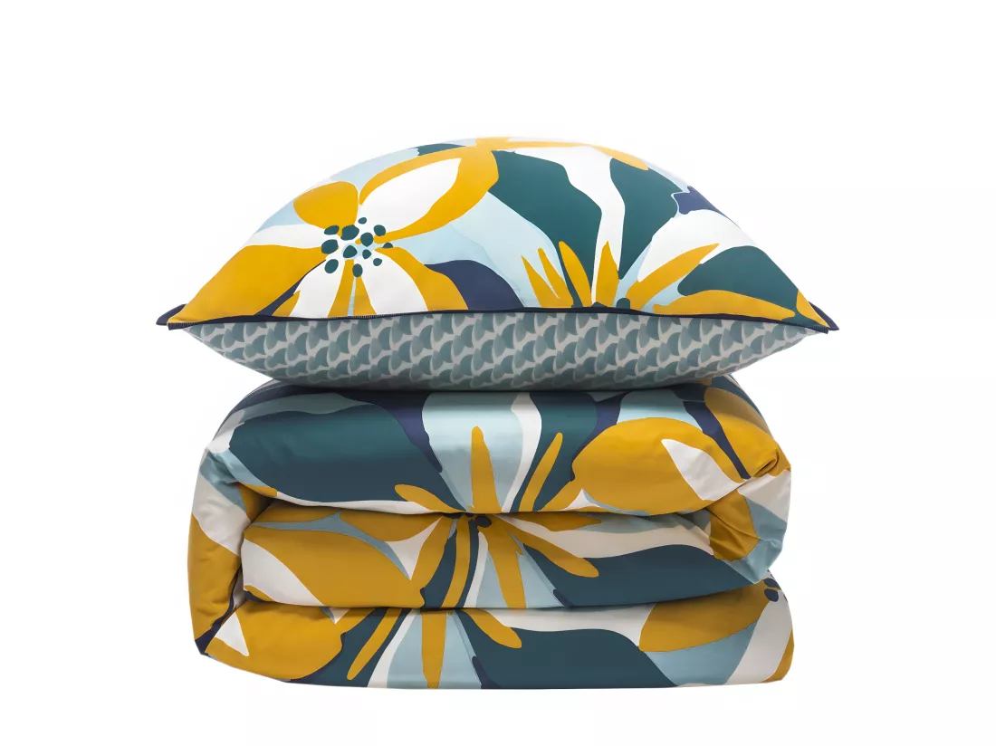 Parure de lit 2 personnes en percale 70 fils imprimé bleu 260x240cm