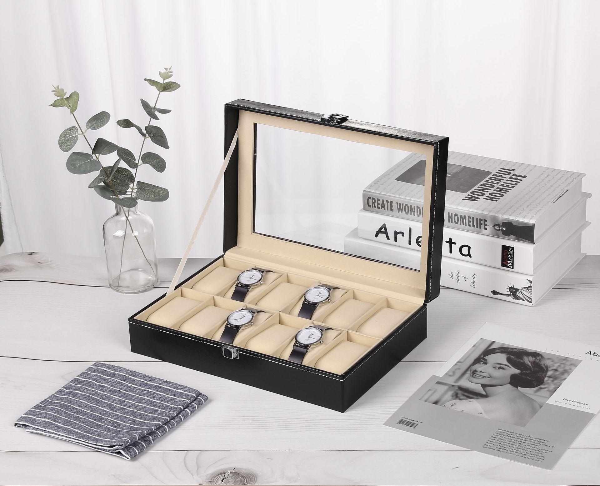(12 Slots) Uhrenbox Schmuckschatulle Organizer mit Glasdeckel - Schwarz