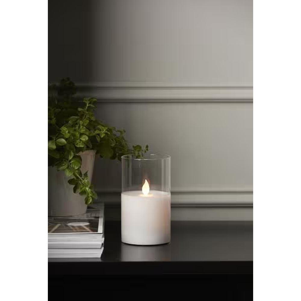 (10cm) Echtwachs LED Pillar Kerze Home Deko Stimmungsleuchte im Glas M-Twinkle (12.063-18) - Weiss