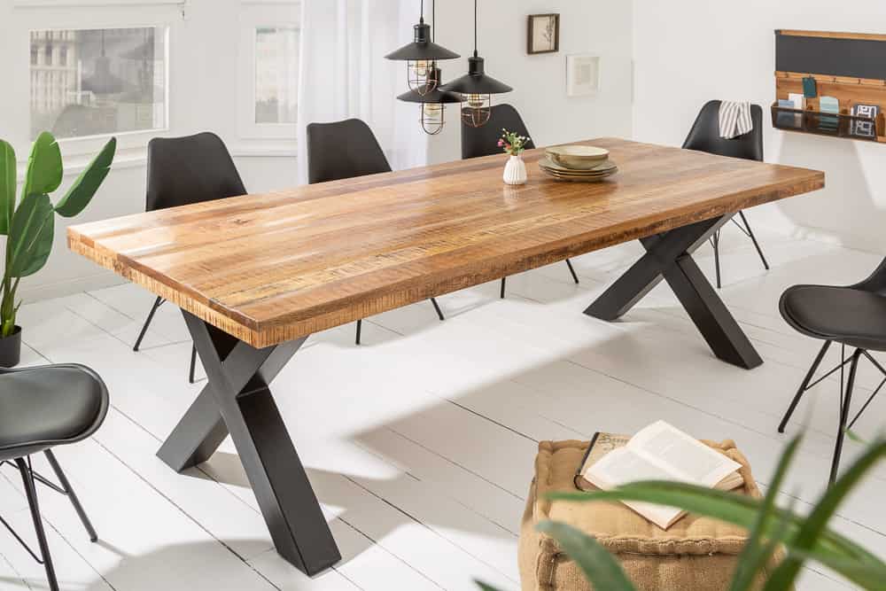 Massiver Esstisch IRON CRAFT 200cm natur Mangoholz Industrial Design X-Gestell schwarz Metall