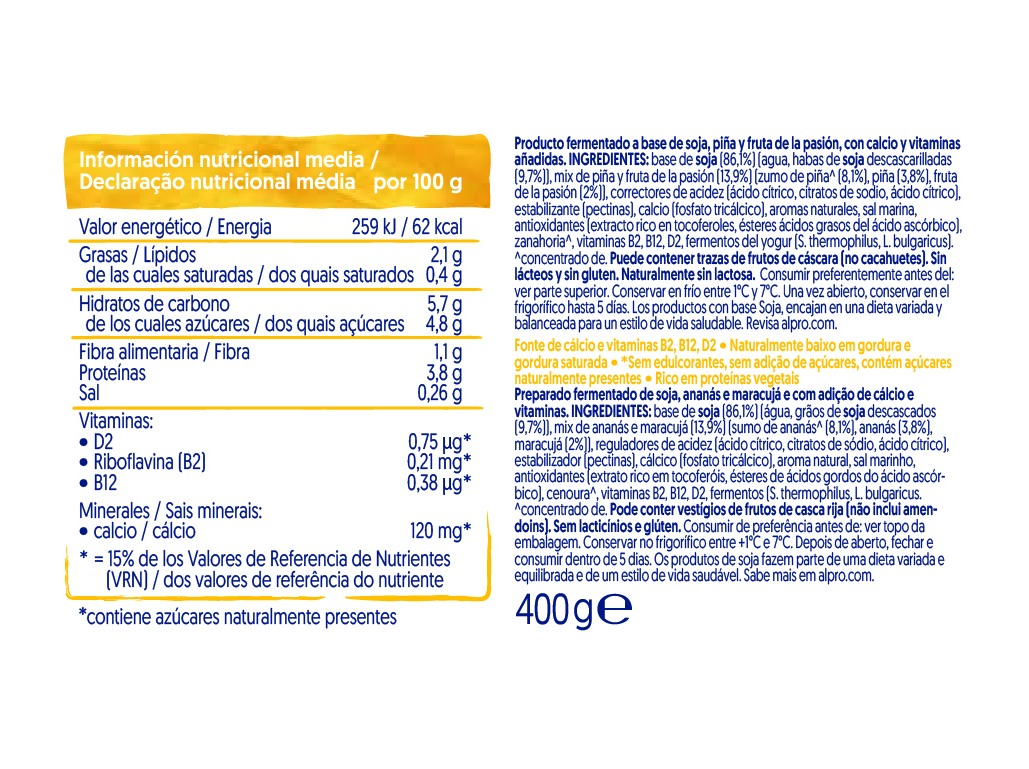 YOFU ALPRO ANANÁS MARACUJÁ SEM AÇUCAR 400G