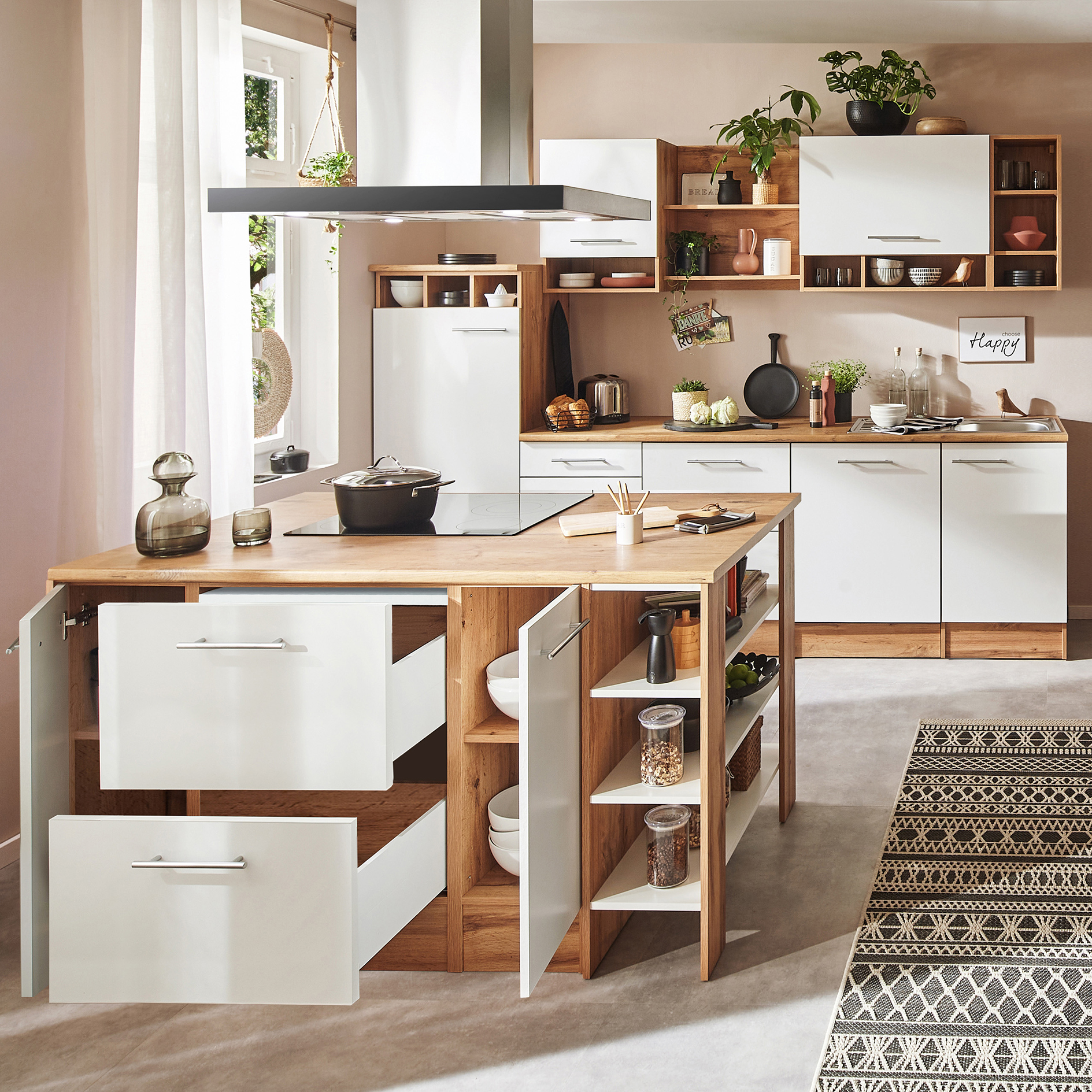 RESPEKTA Inselküche HILDE - weiß matt - Wildeiche - mit E-Geräten - 280 cm