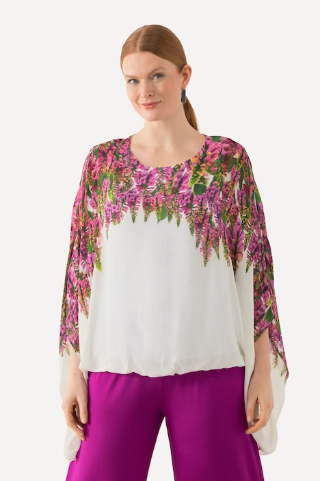 Bluse, Blüten, doppellagig, Rundhals, Halbarm