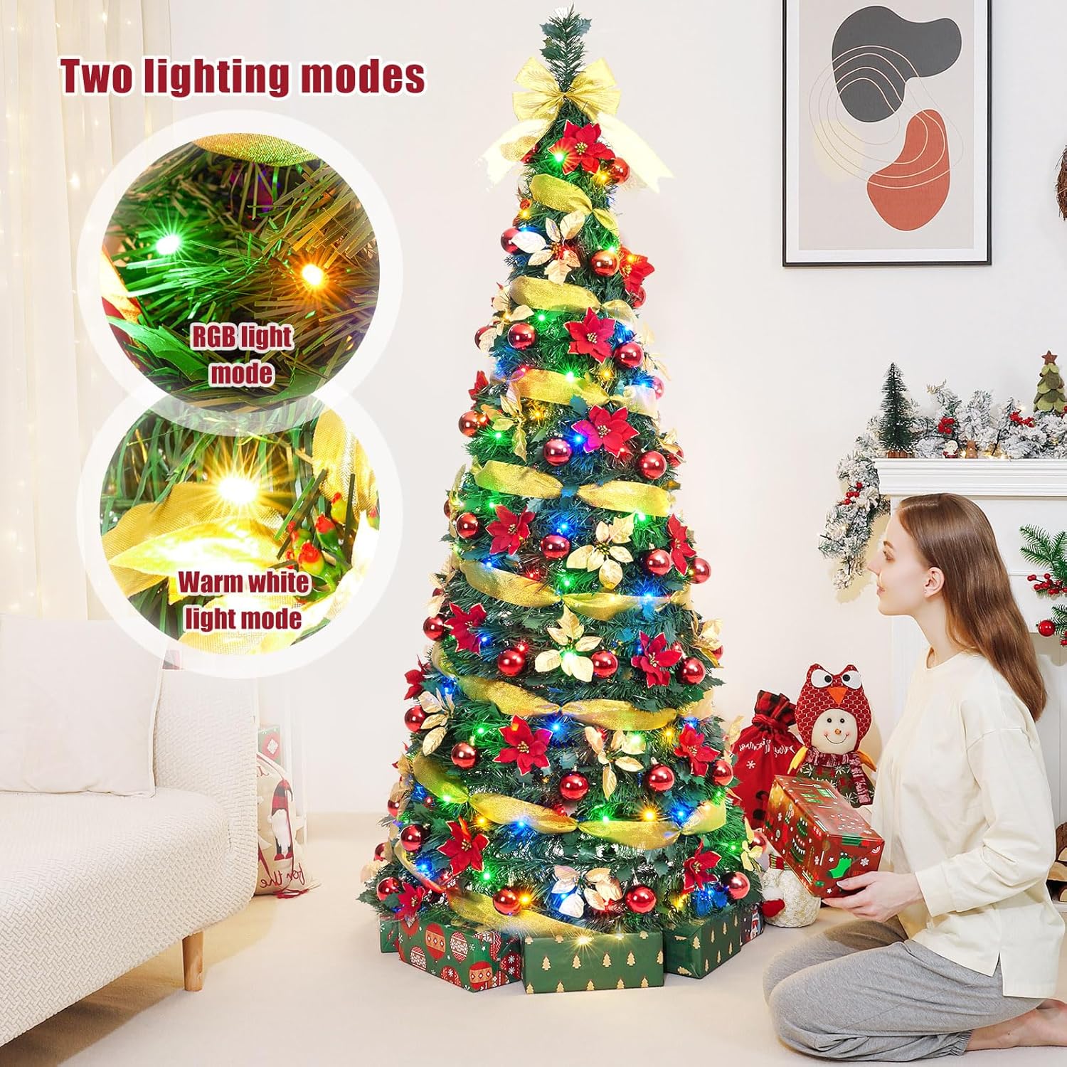 Decoway Pre Lit Pre Decorated Christmas Tree Pop Up Christmas Tree with Remote Control, with Warm White & Colorful LED Lights,Holiday Party Decorations,Red Gold (6FT, Surround Ribbon)