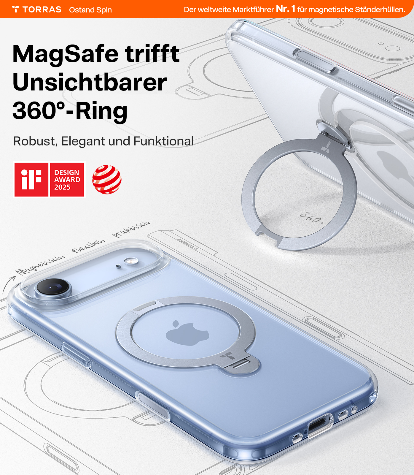 iPhone Air Ostand 360° Spin MagSafe Hybrid Hardcase Hülle Ring Stand   Kickstand - Transparent
