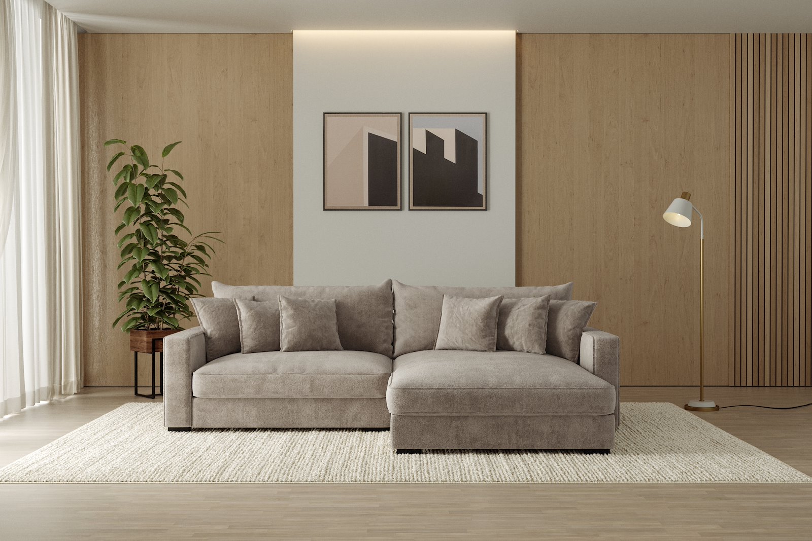 Rossi Lux 2-seter med XL sjeselong høyre Tekstil Genesis 4 Beige, arm B med sorte ben. Lux Komfort.