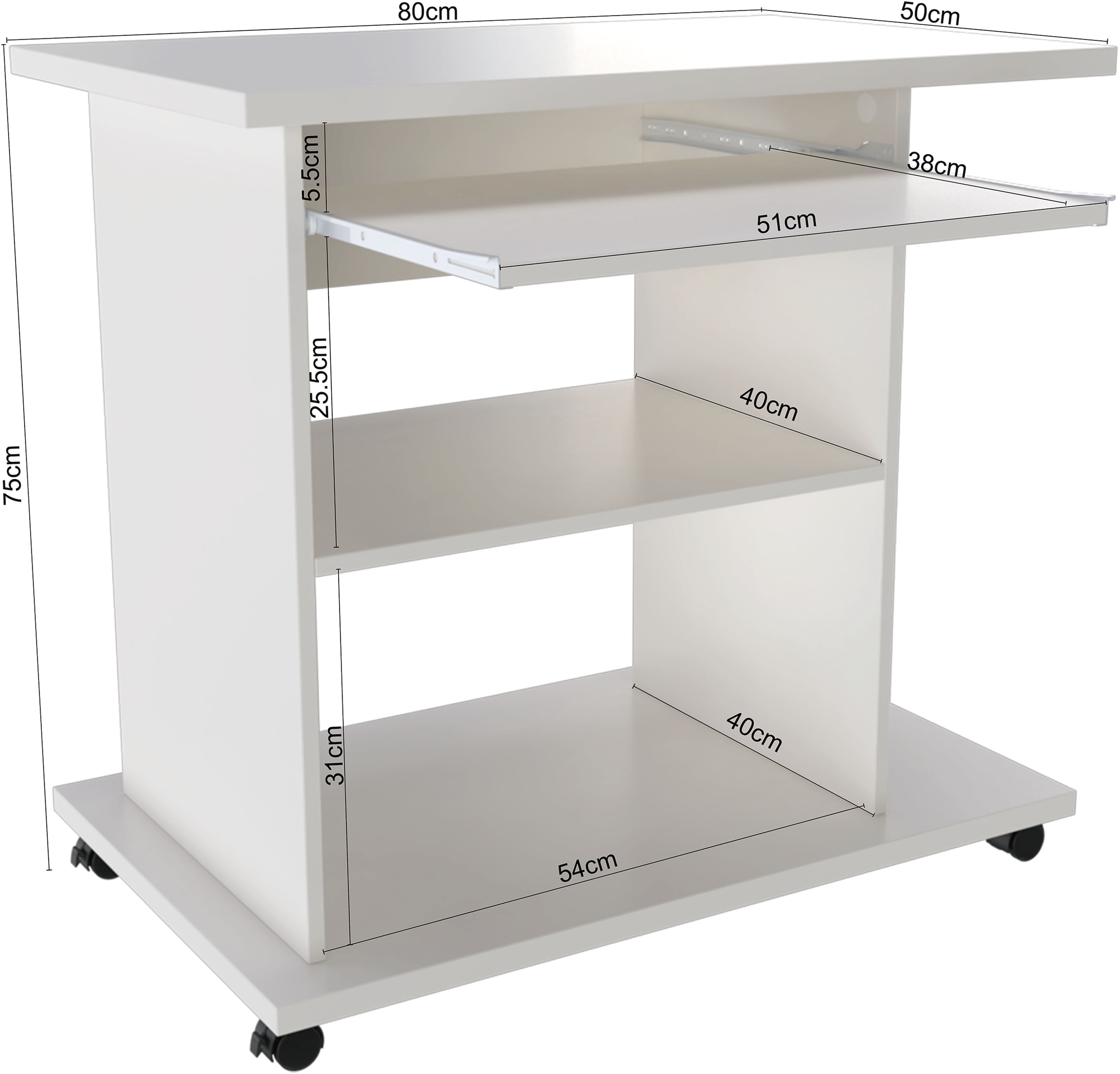 INOSIGN Computertisch »LOKVE, Laptoptisch, Schreibtisch,« rollbar, Tastaturauszug, Towerfach, Druckerfach, Höhe 75 cm