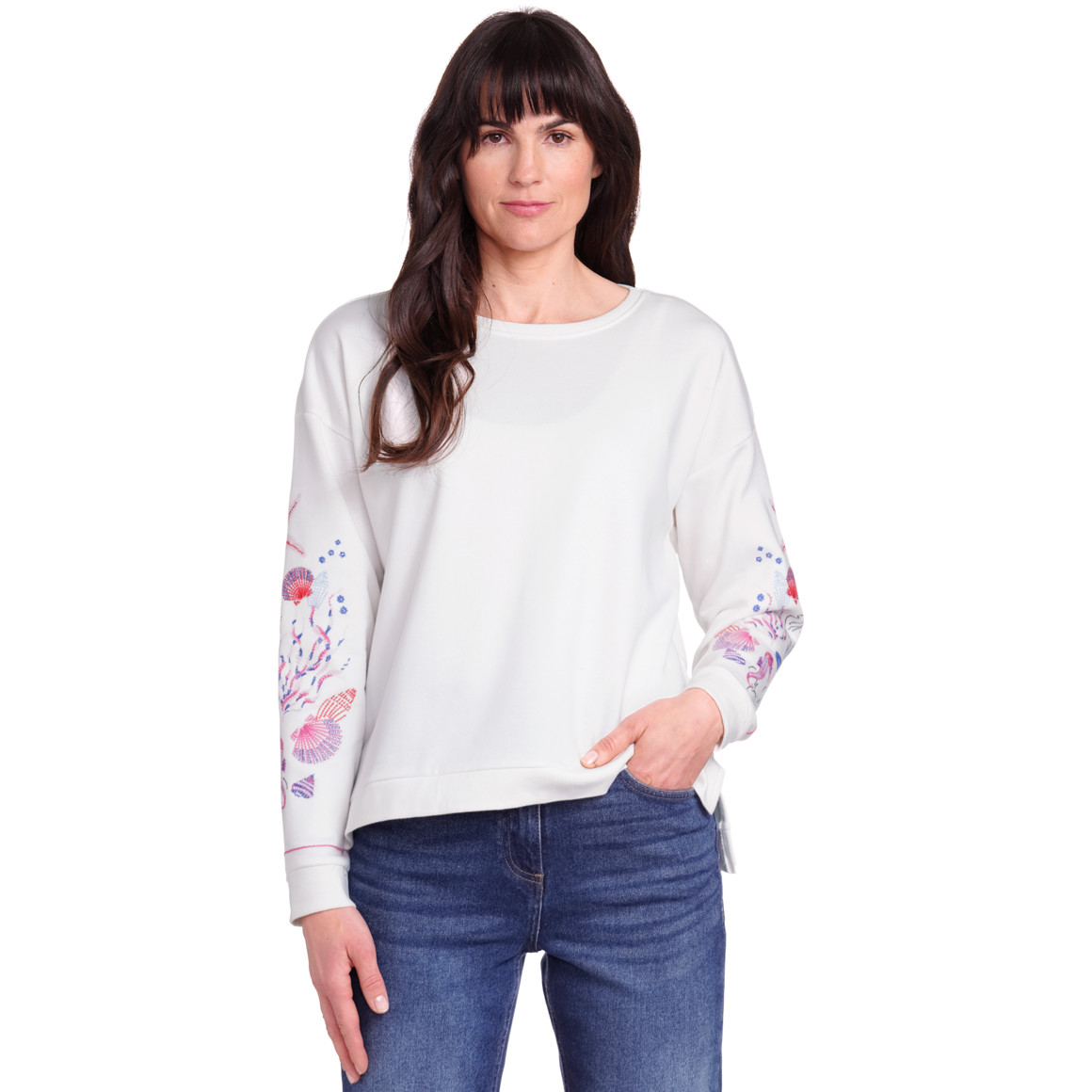 Gina Benotti Damen Sweatshirt mit Stickerei weiss