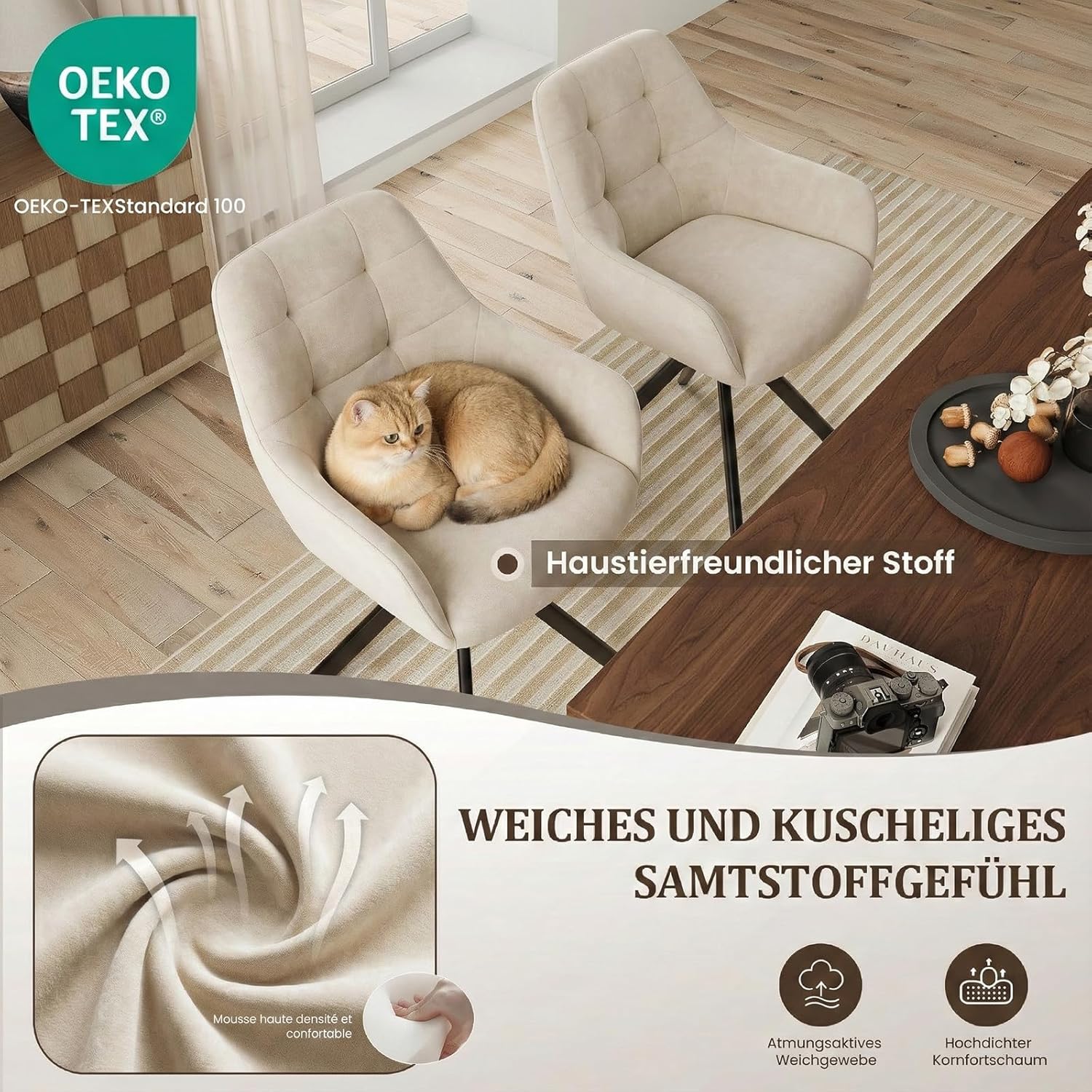COLAMY Drehbare Esszimmerstühle 2er Set, Esszimmerstühle Drehbar mit Armlehne, Armlehnstuhl Drehbar mit Rückenlehne für Esszimmer, Stühle aus Weichem Florstoff mit Metallgestell für Küche, Beige