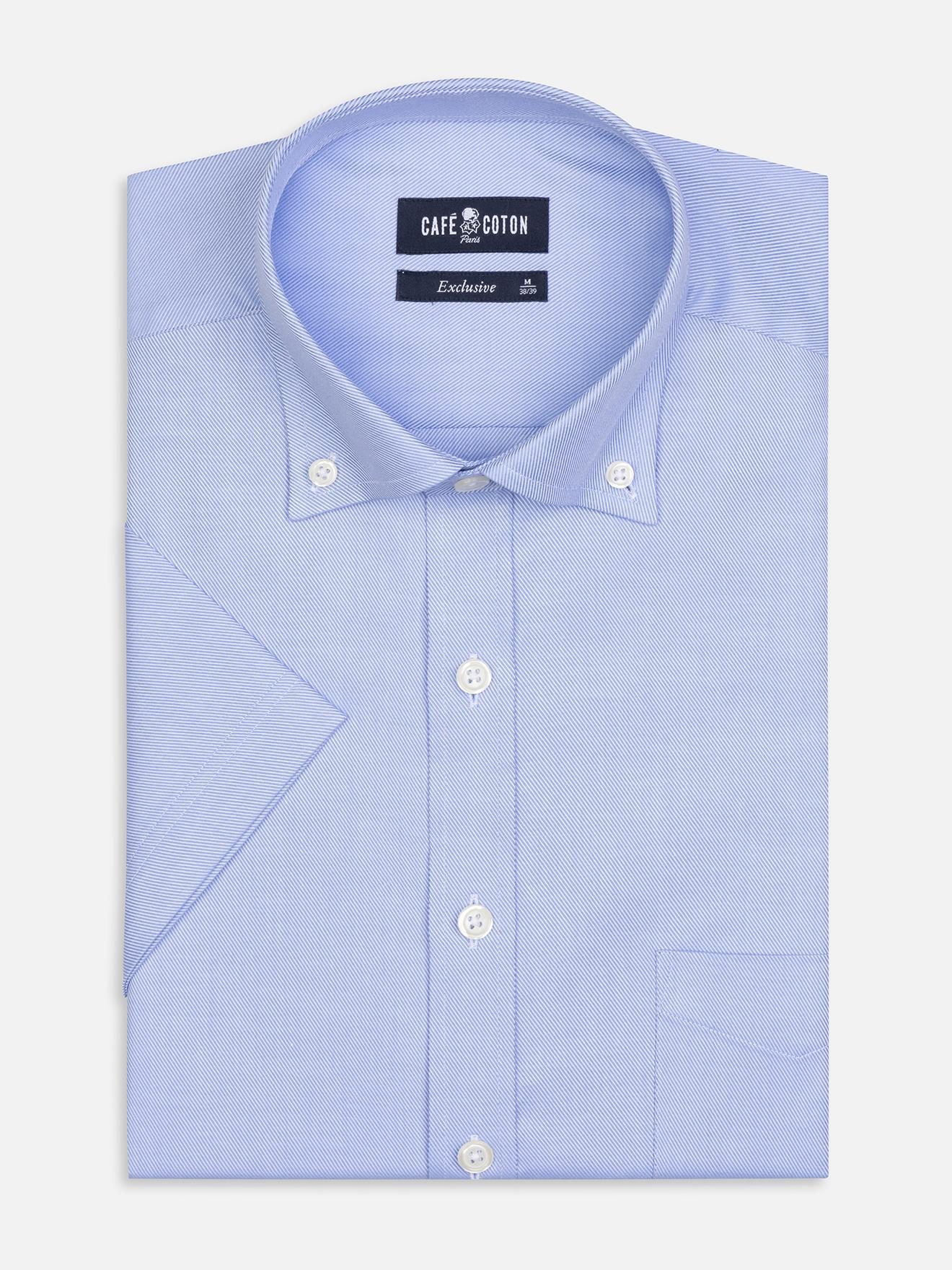 Chemise manches courtes en twill ciel - Col Boutonné